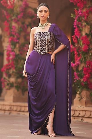 purple modal satin draped saree set