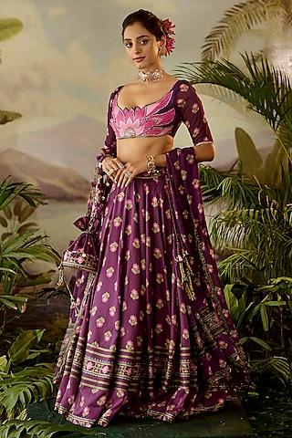 purple modal satin floral printed lehenga set