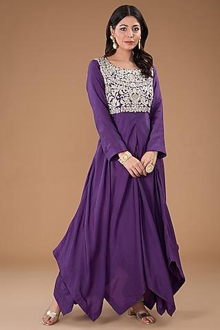 purple modal silk dabka & sequins embroidered asymmetric flowy kurta set