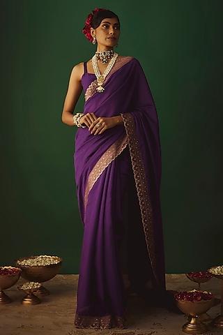 purple moonga silk zari work saree set