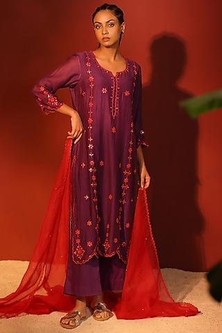 purple mul chanderi hand embroidered a-line kurta set