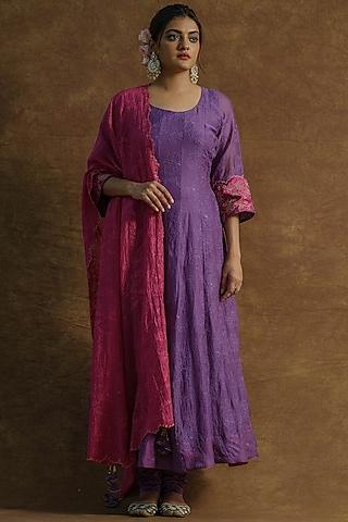 purple mul chanderi silk embroidered anarkali set