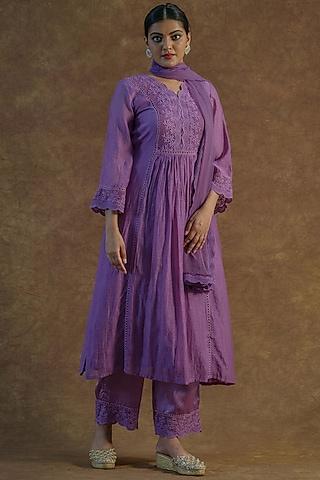 purple mul chanderi silk embroidered kurta set