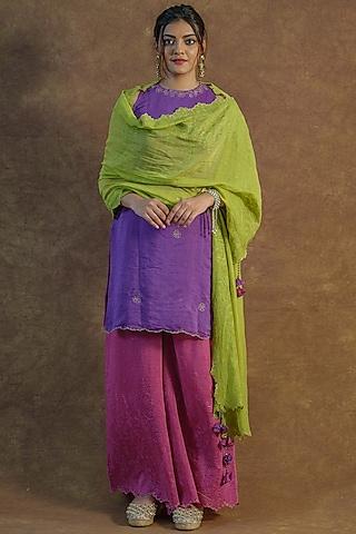 purple mul chanderi silk hand embroidered kurta set
