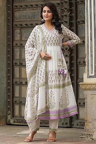 purple mul cotton embroidered & printed anarkali set