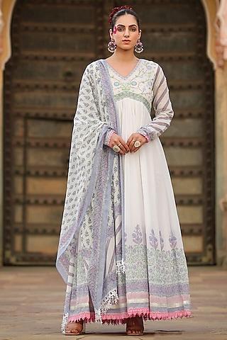 purple mul cotton embroidered & printed anarkali set