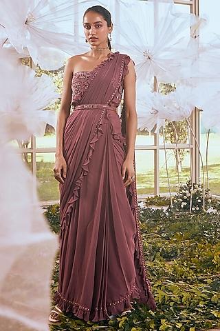 purple net & georgette draped saree set