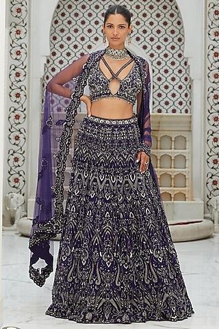 purple net applique embroidered lehenga set