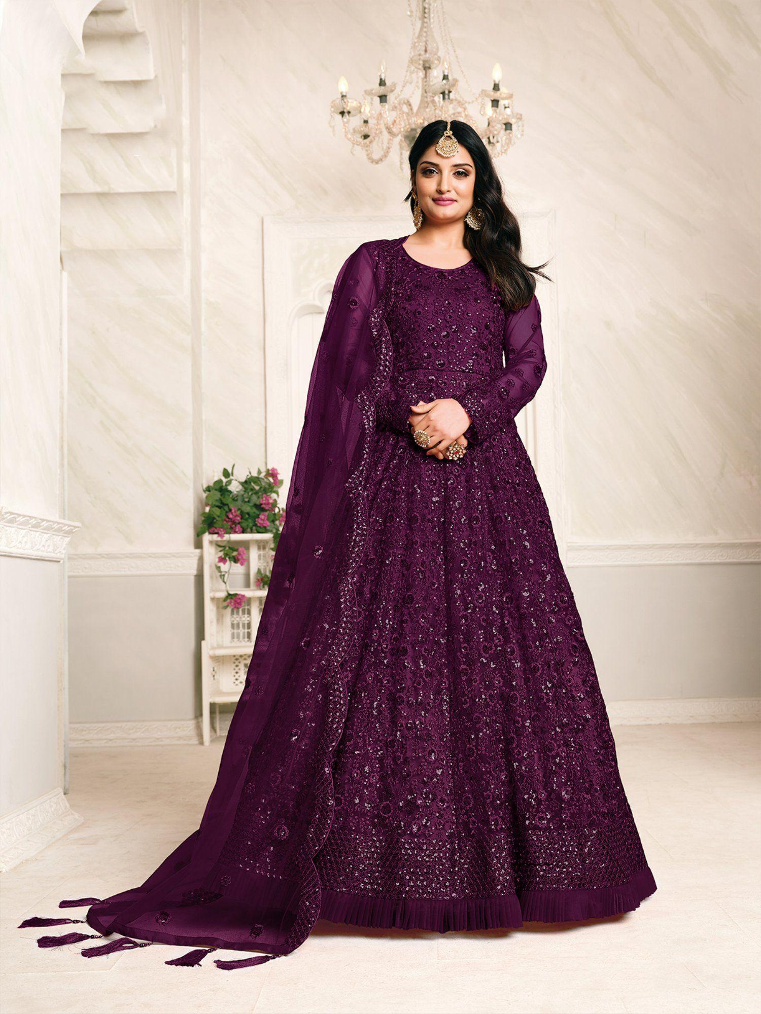 purple net embroidered semi stitched dress material with inner (set of 4)