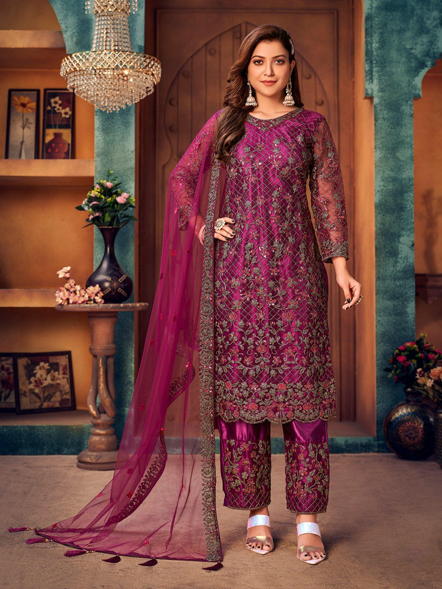 purple net embroidered semi stitched dress material with inner (set of 4)