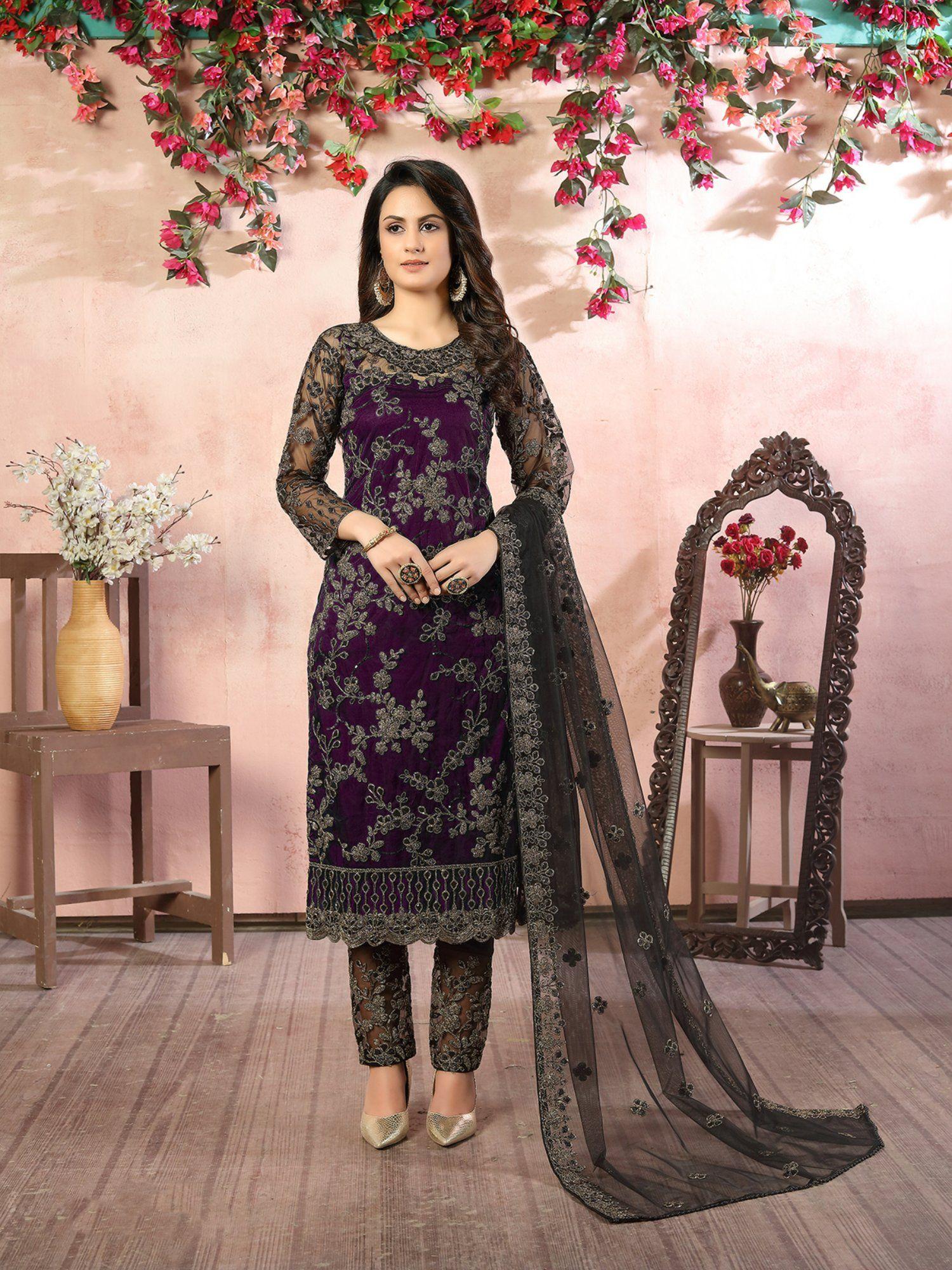 purple net embroidered semi stitched dress material with inner (set of 4)