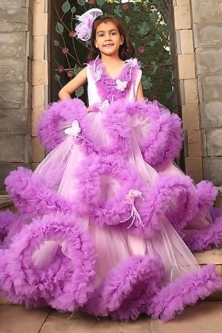 purple net hand embroidered ruffled gown for girls