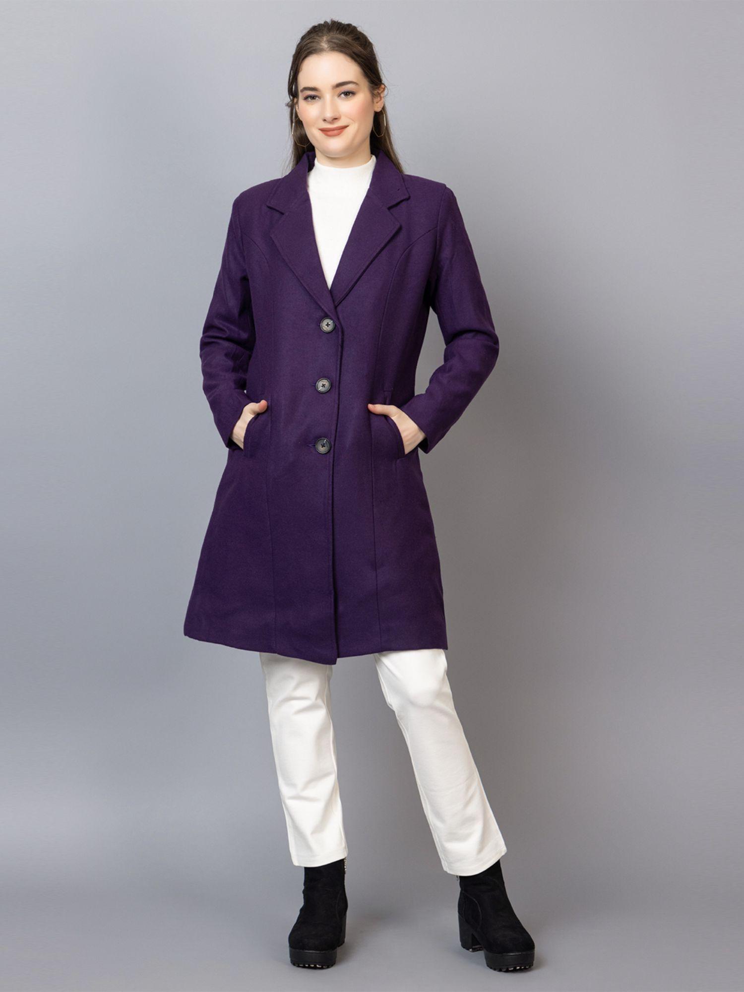 purple notched lapel woollen longline overcoat