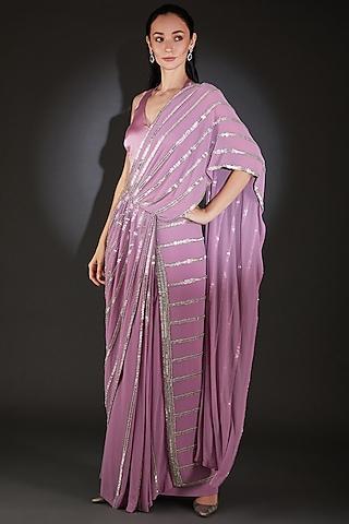 purple nylon metallic & beads embellished saree set