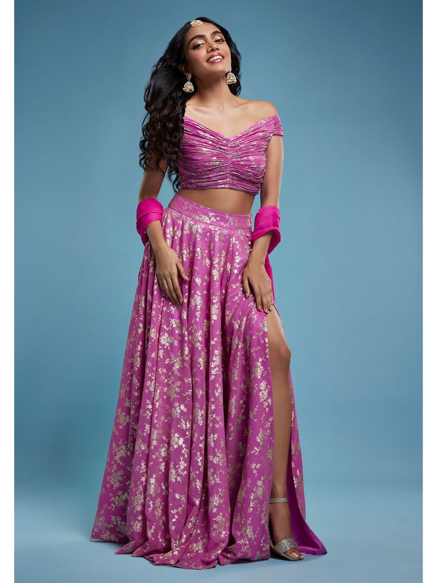 purple off shoulder lehenga with dupatta (set of 3)