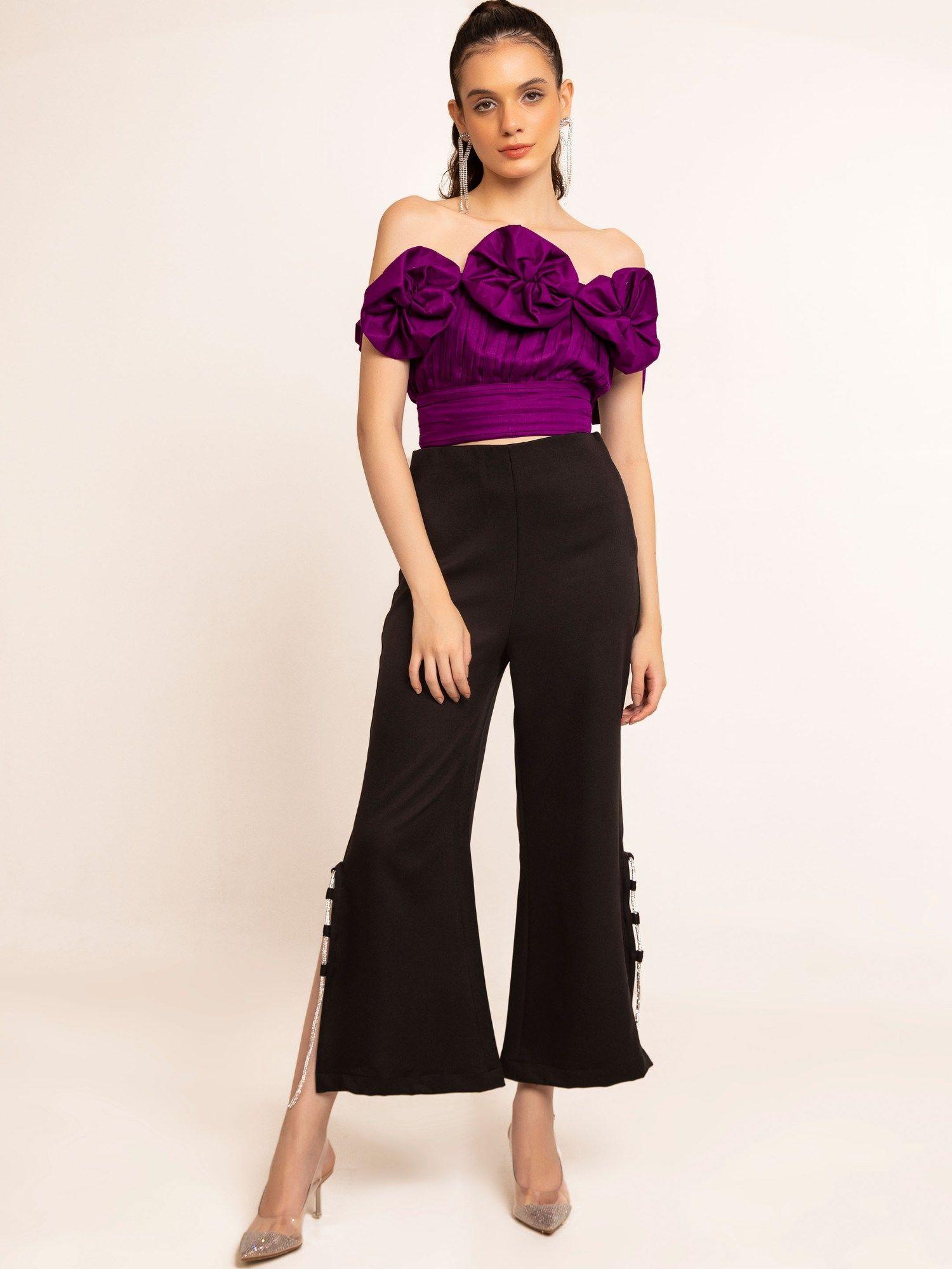 purple off shoulder pleated flower crop top