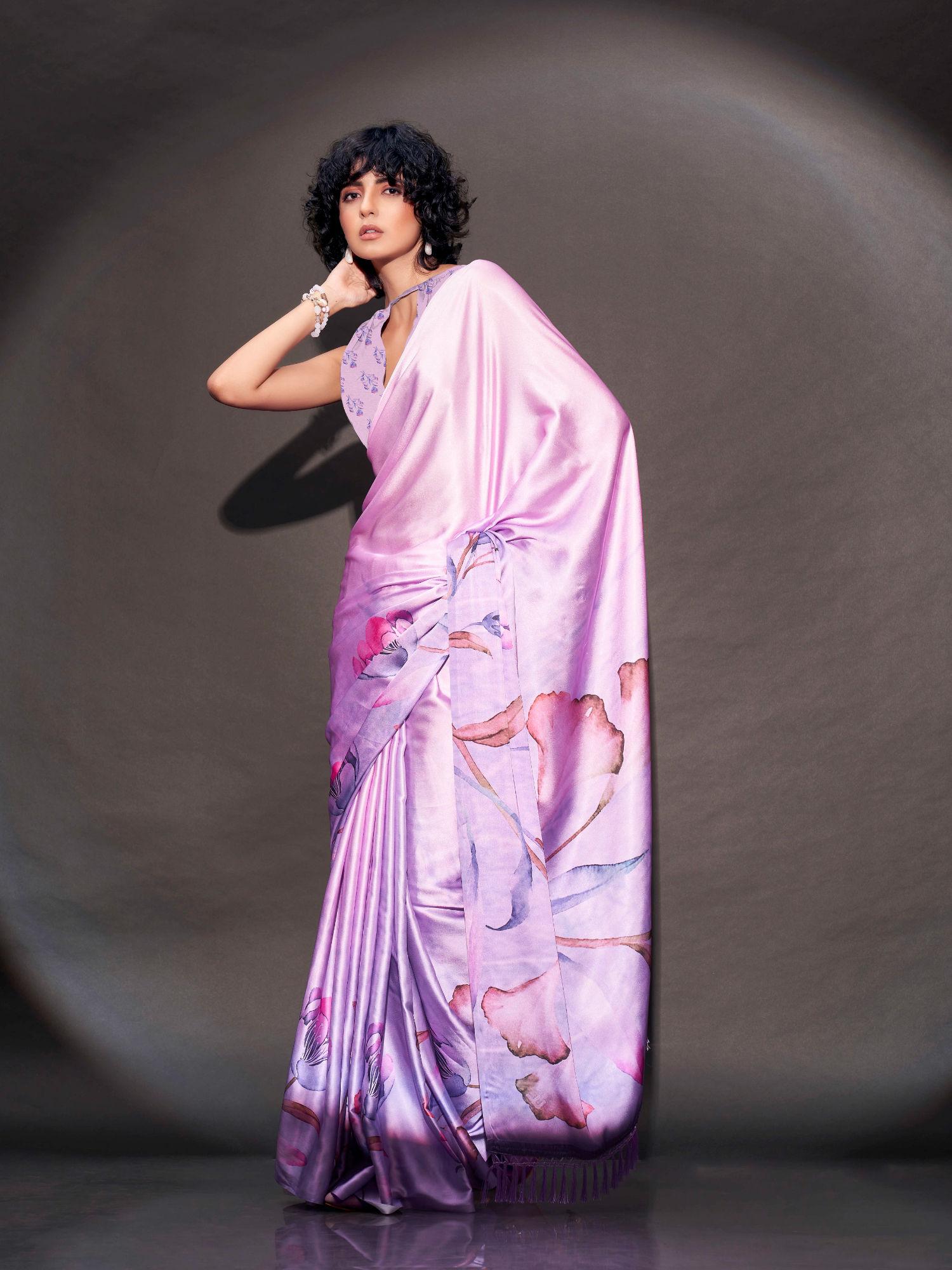 purple ombre big flower digital print satin saree & tassels with unstitched blouse