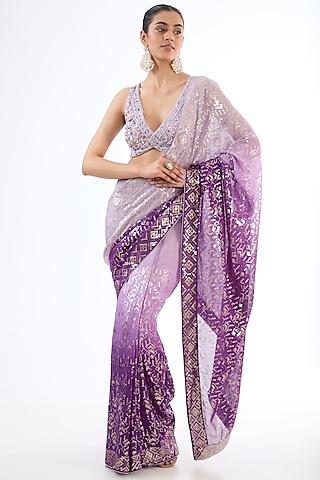 purple ombre georgette sequins embroidered saree set