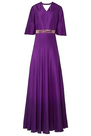 purple ombre gown with embroidered woven belt