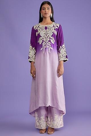 purple ombre silk embroidered kurta set