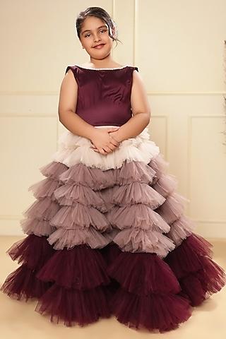 purple ombre tulle pearl strings tiered gown for girls