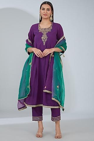 purple organic cotton hand embroidered kurta set
