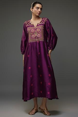 purple organic silk thread & sequins embellished tie-dye dress