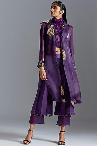 purple organza & linen satin zardosi embroidered cape set