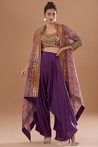 purple organza & silk patchwork printed high-low cape set