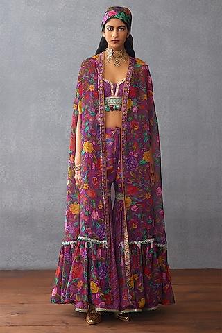 purple organza digital printed & dori embroidered cape set