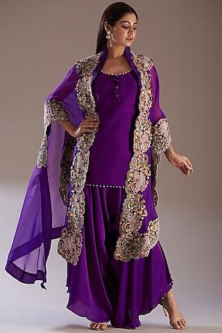 purple organza embroidered cape set