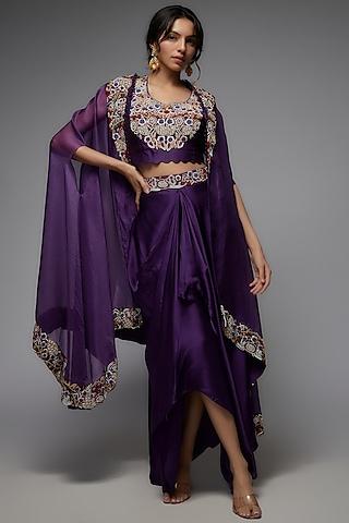 purple organza embroidered cape set