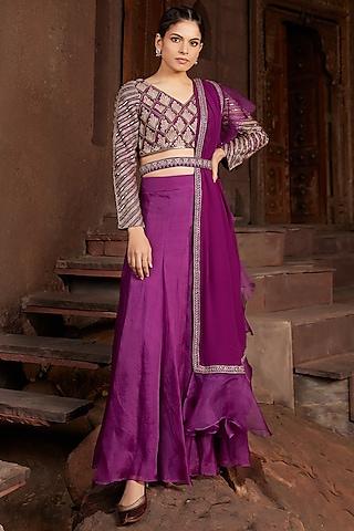 purple organza flared lehenga set