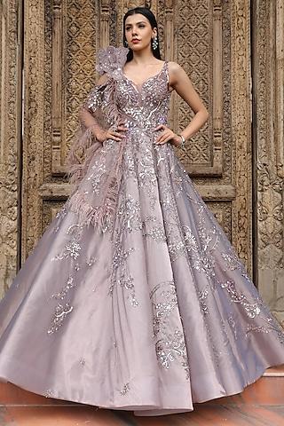 purple organza gown with cape