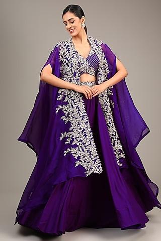 purple organza hand embroidered cape set