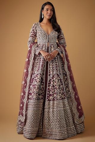 purple organza hand embroidered jacket lehenga set