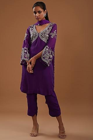 purple organza hand embroidered kurta set