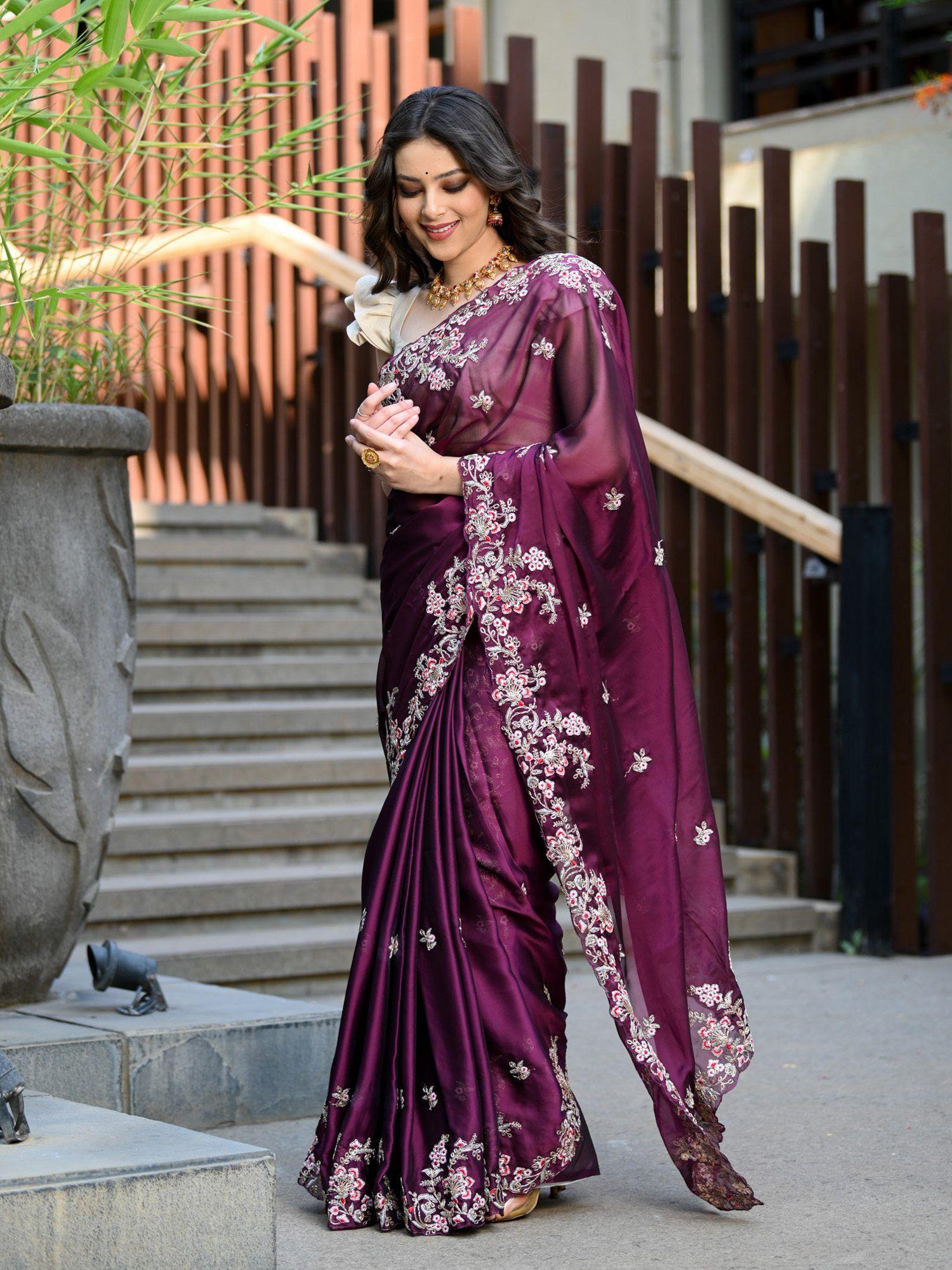 purple organza saree with unstitched blouse