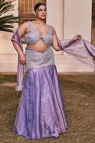 purple organza sequins hand embroidered mermaid lehenga set