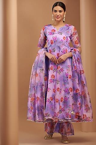 purple organza silk embroidered anarkali set