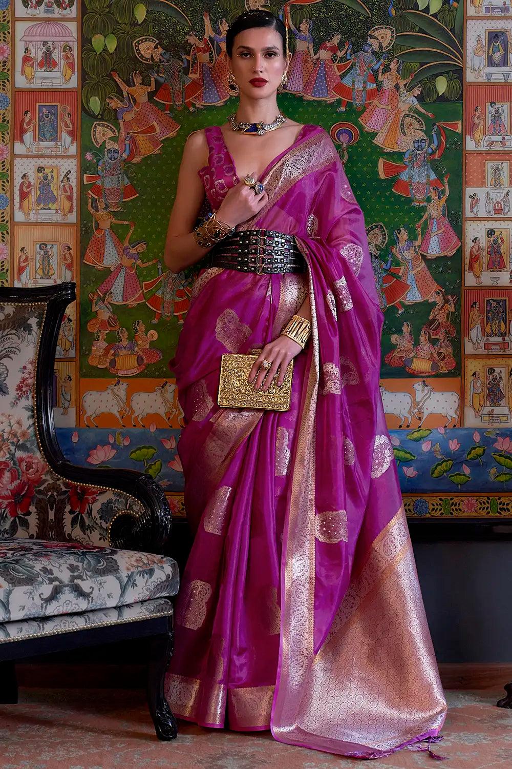 purple organza silk saree with handloom weaving work