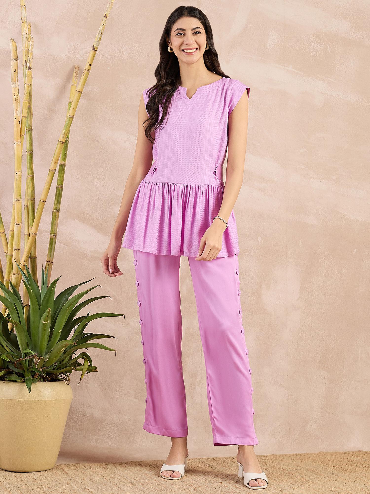 purple peplum top with button down straight pant (set of 2)