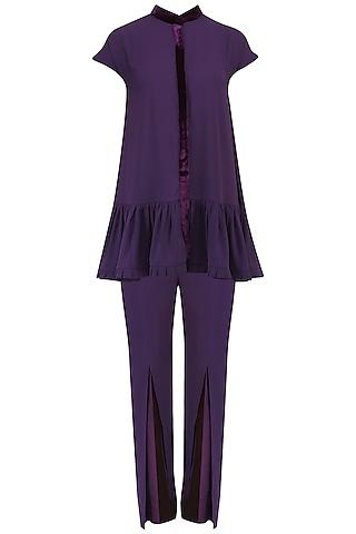 purple pleated peplum and pants set