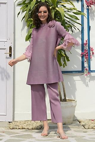purple pleated polyester a-line tunic set