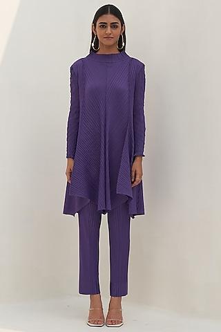 purple pleated polyester kurta set
