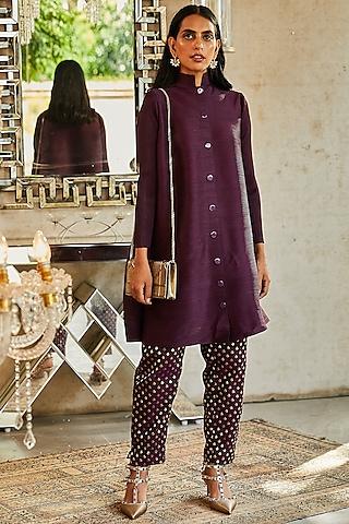 purple pleated polyester tunic set