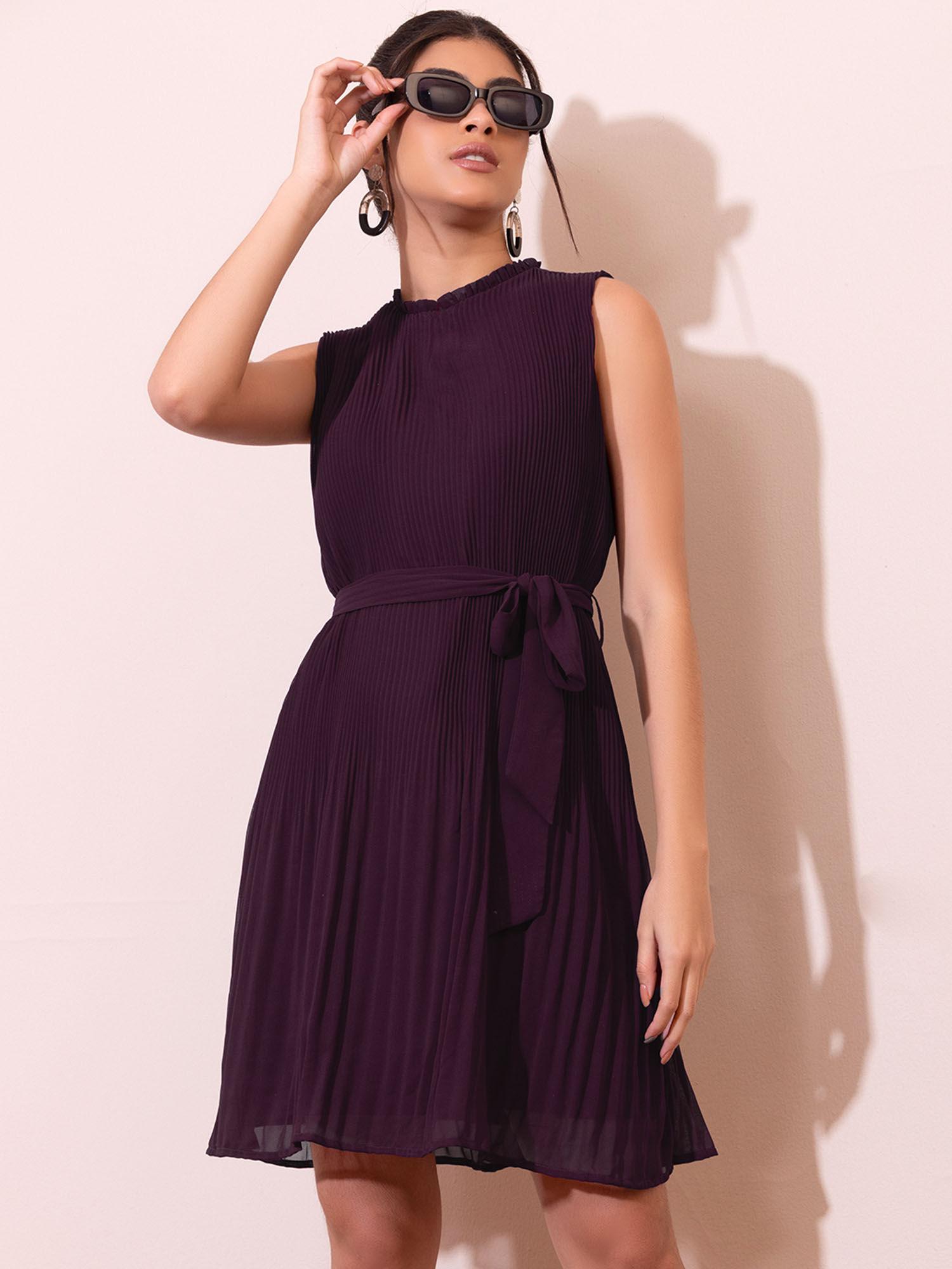 purple pleated shift dress with self fabric belt (set of 2)