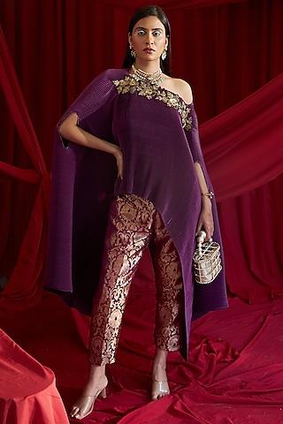 purple pleated silk lace embroidered cape set