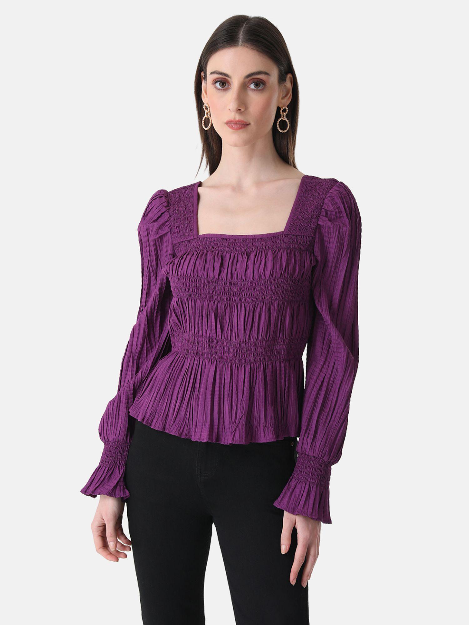 purple pleated top with smocking