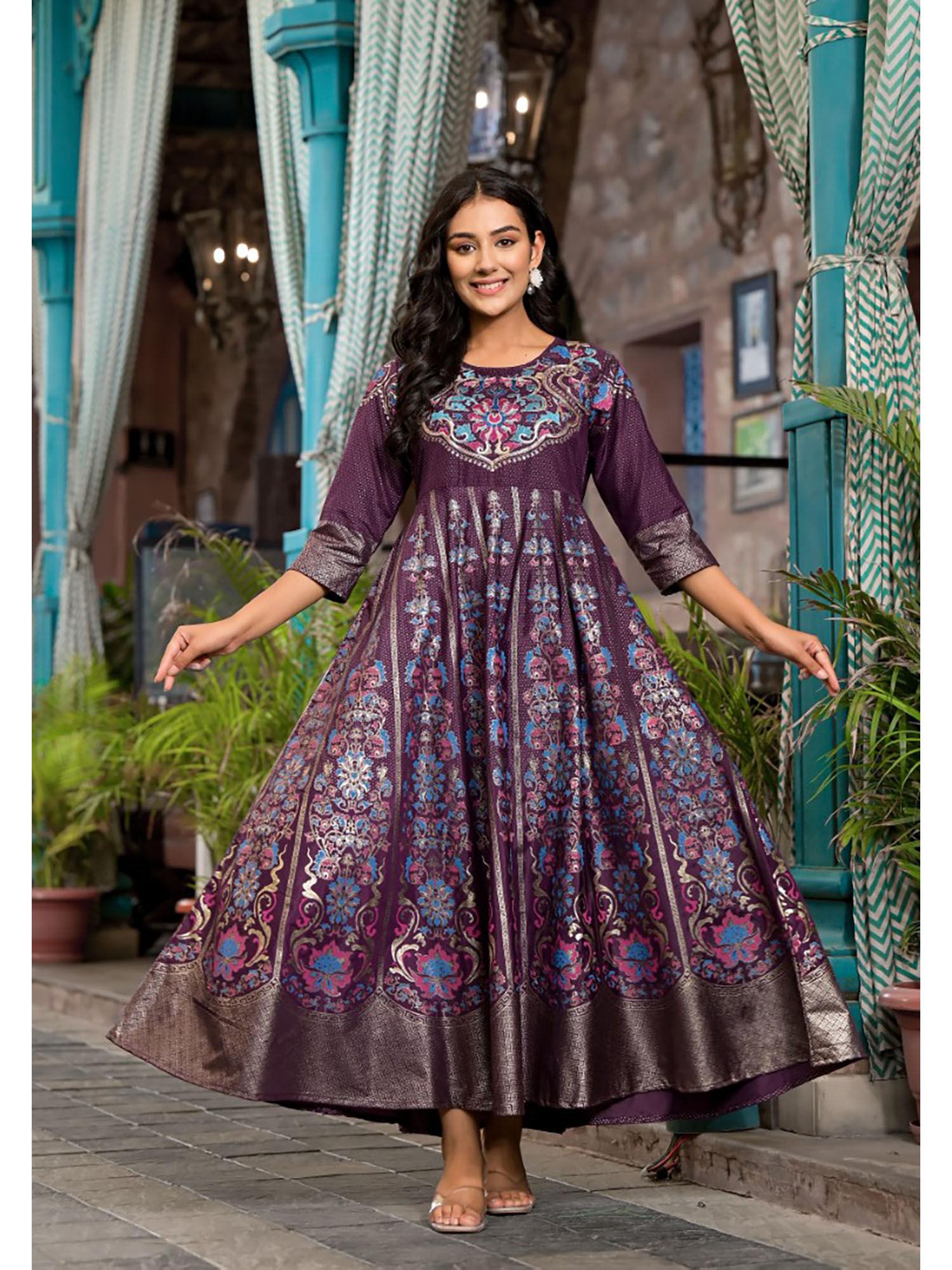 purple plum ethnic motif printed santoon dress with thread & zari work